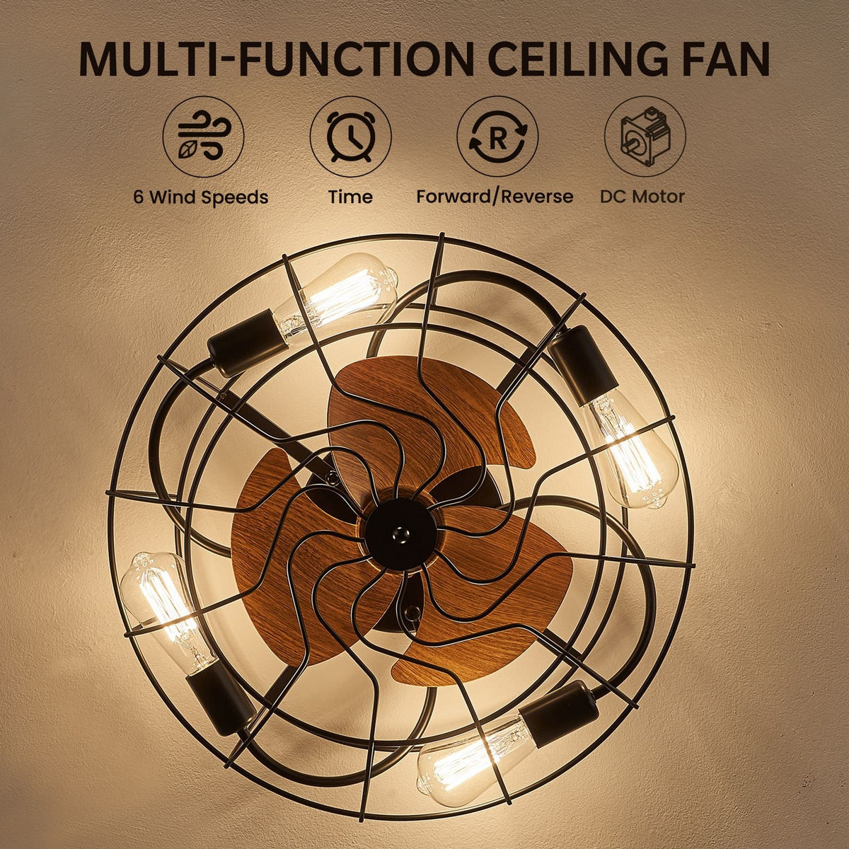 Kestrel Ceiling Fan key features — 6 wind speeds, reversible motor (summer/winter), dimmable light, DC motor, quiet operation, E26 bulb compatible | CARRA HOME