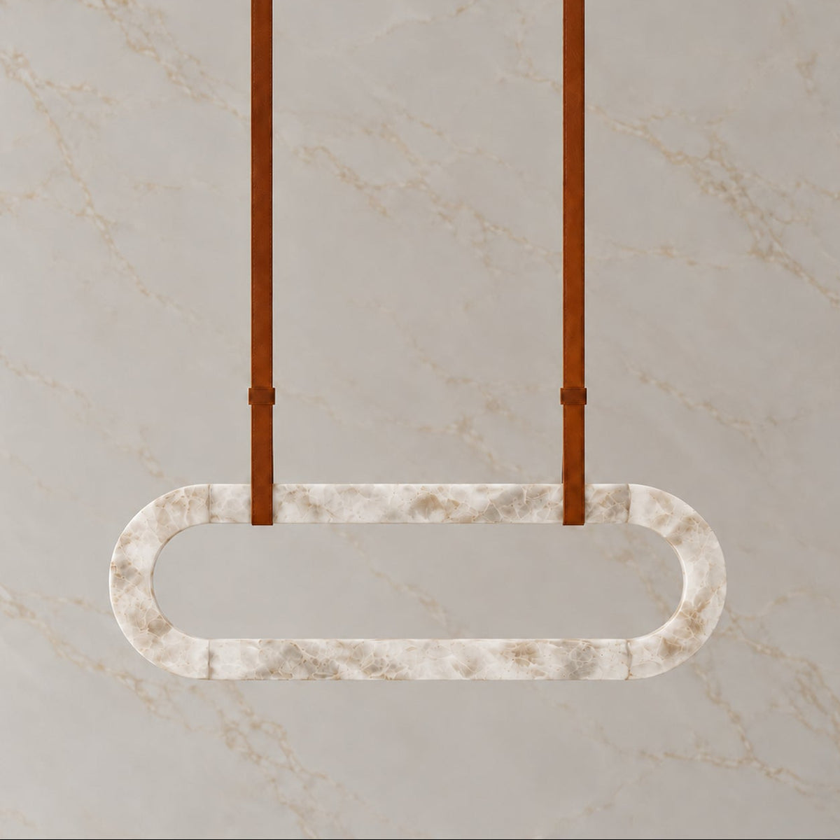 Kova Alabaster Leather Oval Chandelier vertical brown, light off | CARRA HOME