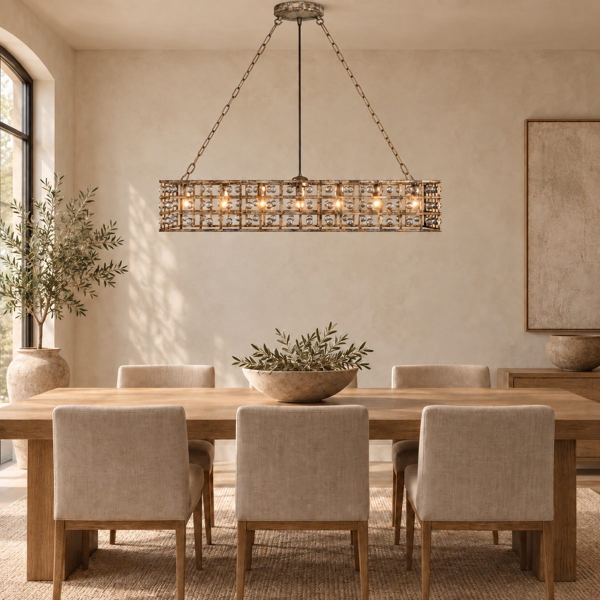 La Cage rectangular chandelier aligned over a long oak dining table | CARRA HOME