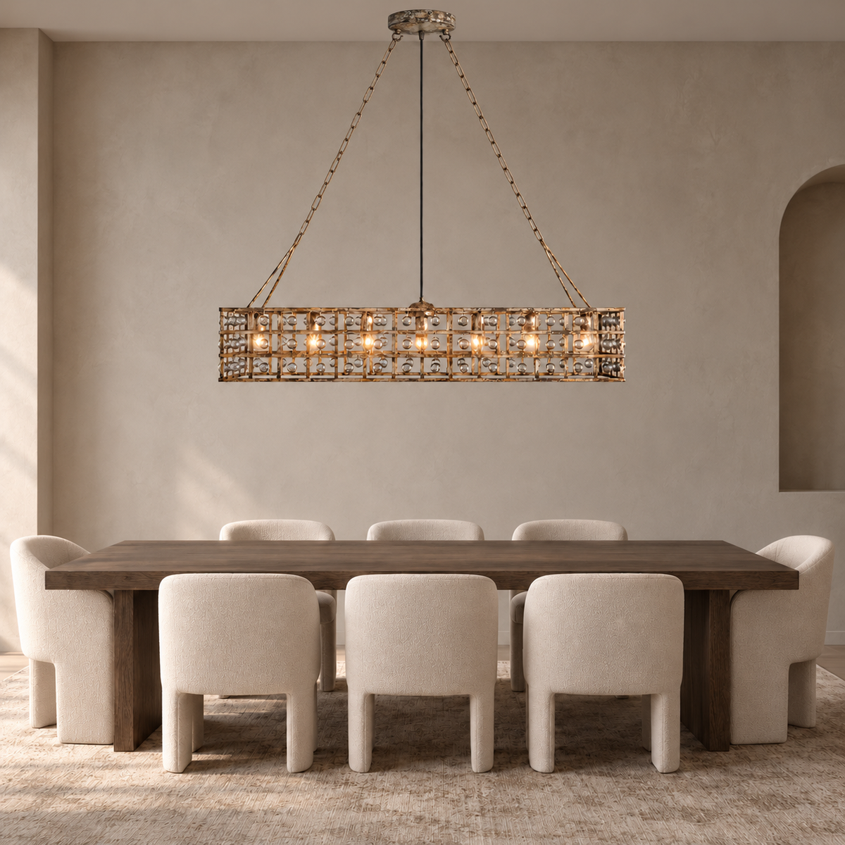 La Cage rectangular chandelier over a smoked oak dining table | CARRA HOME