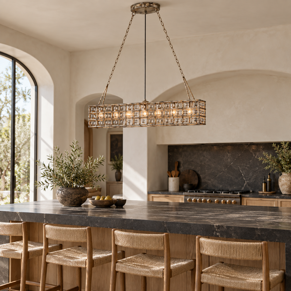 La Cage chandelier above a dark stone kitchen island | CARRA HOME