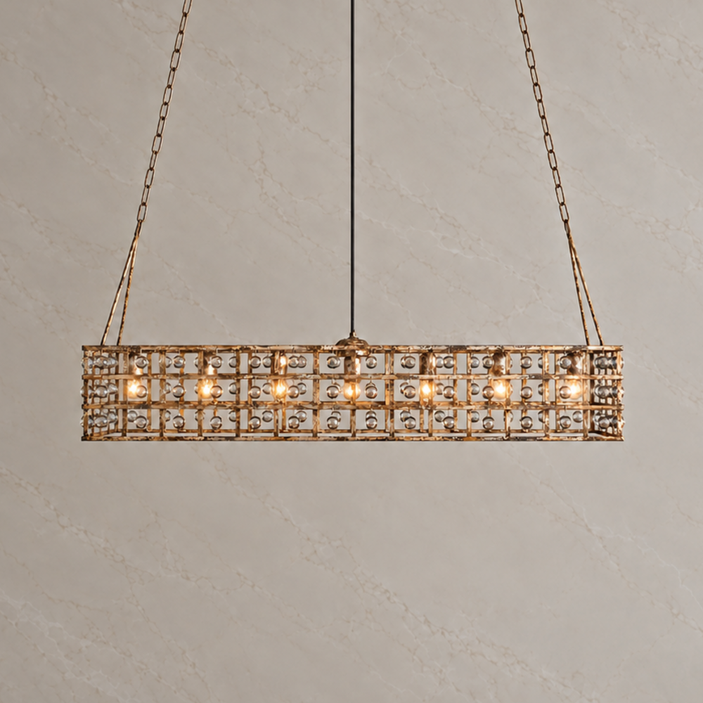 La Cage rectangular iron and crystal chandelier illuminated, silver clay finish | CARRA HOME