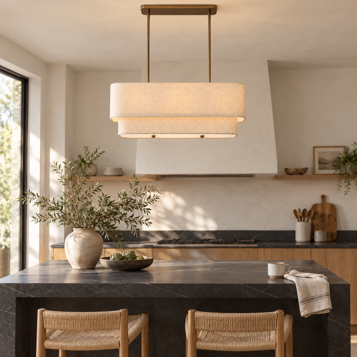 Laren linen chandelier above a soapstone kitchen island with oak cabinets | CARRA HOME