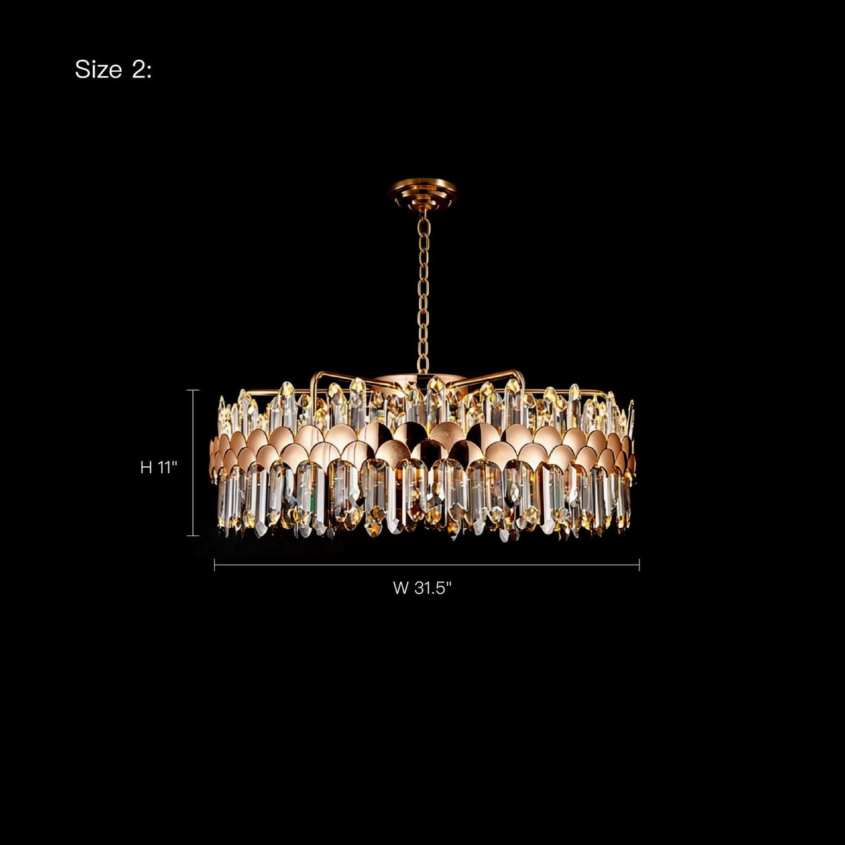 dimension diagram of large gold crystal round chandelier showing 32 inch width and 11 inch height | Carra Home