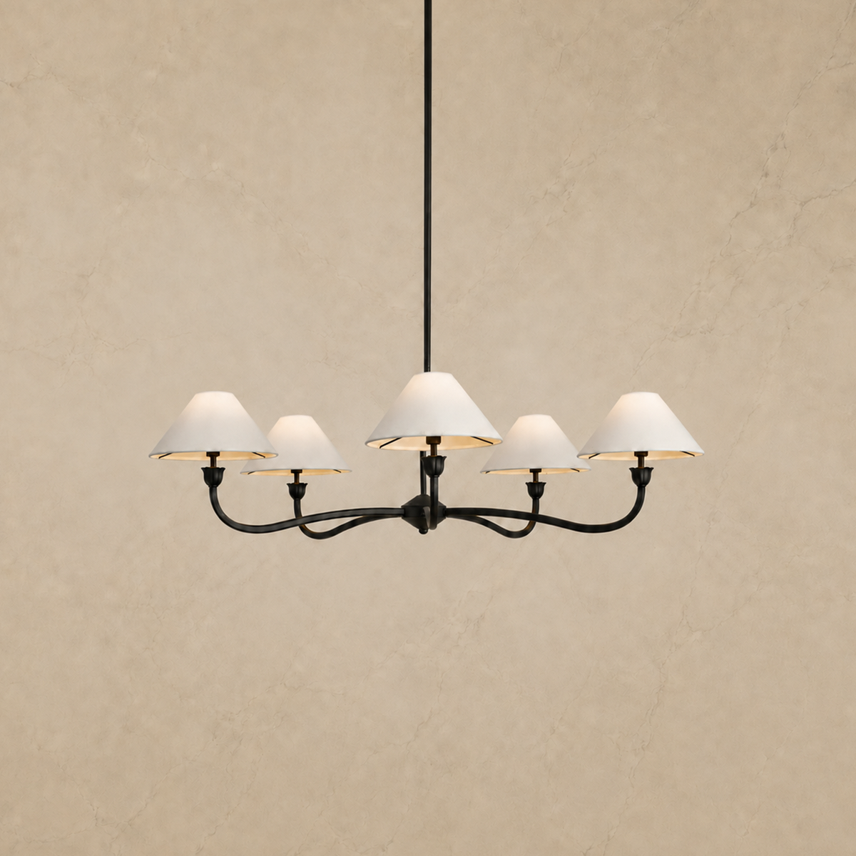 Lilith Metal Curved Arm Chandelier in black, light on