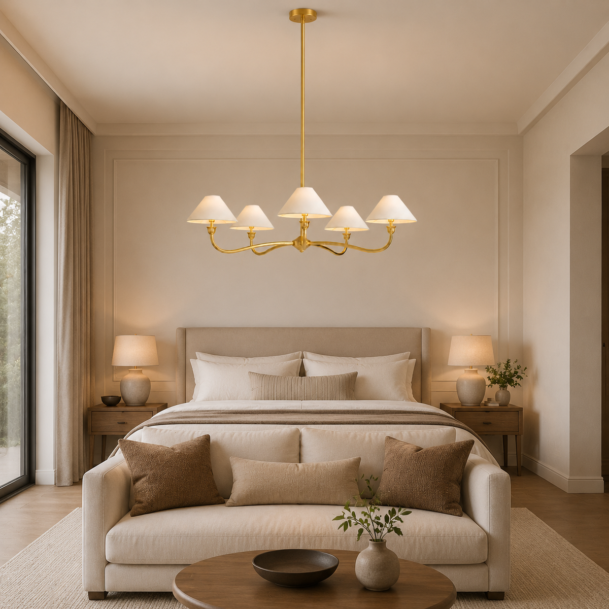 Lilith Metal Curved Arm Chandelier in a bedroom