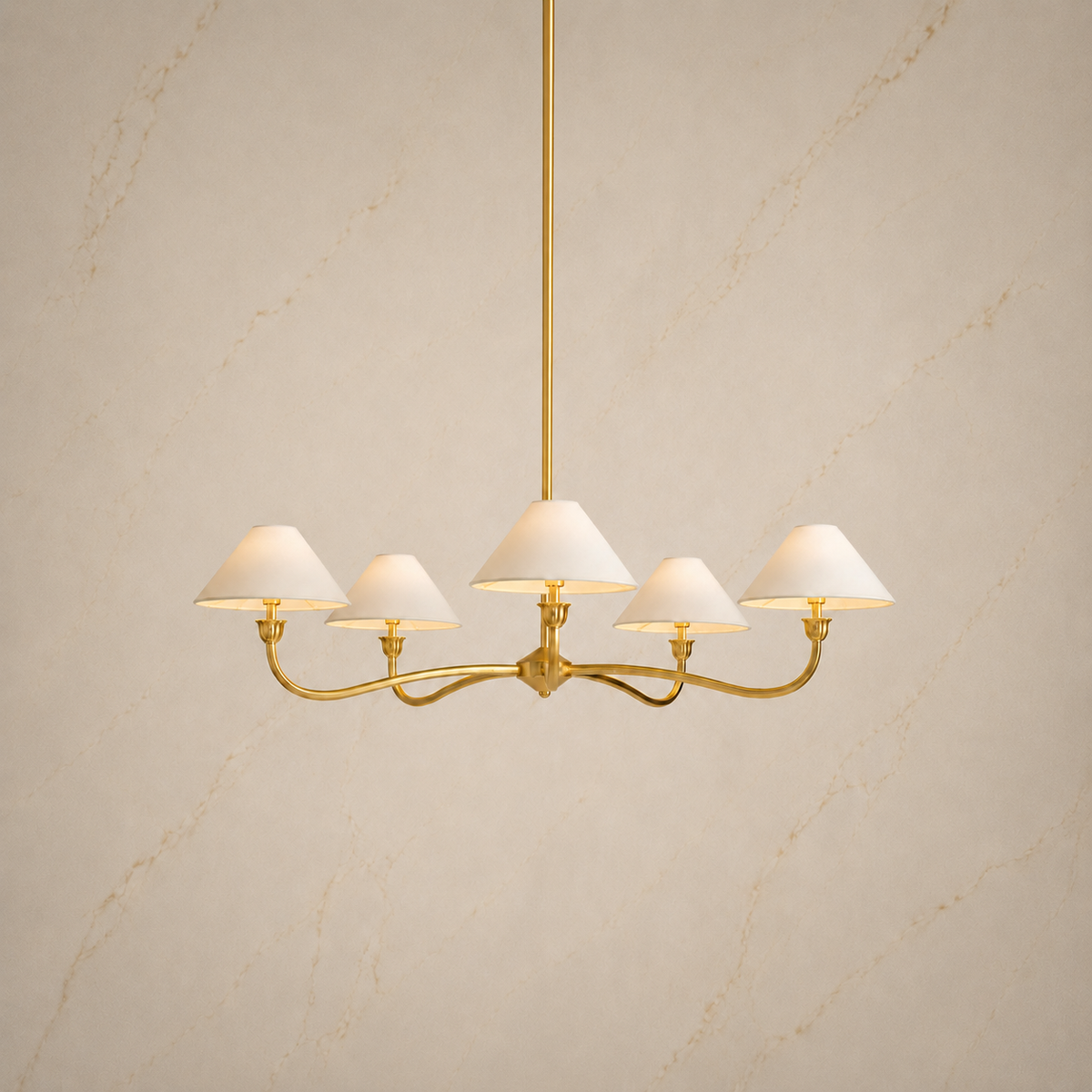 Lilith Metal Curved Arm Chandelier in gold, light on