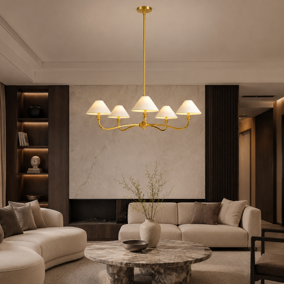 Lilith Metal Curved Arm Chandelier in a living room