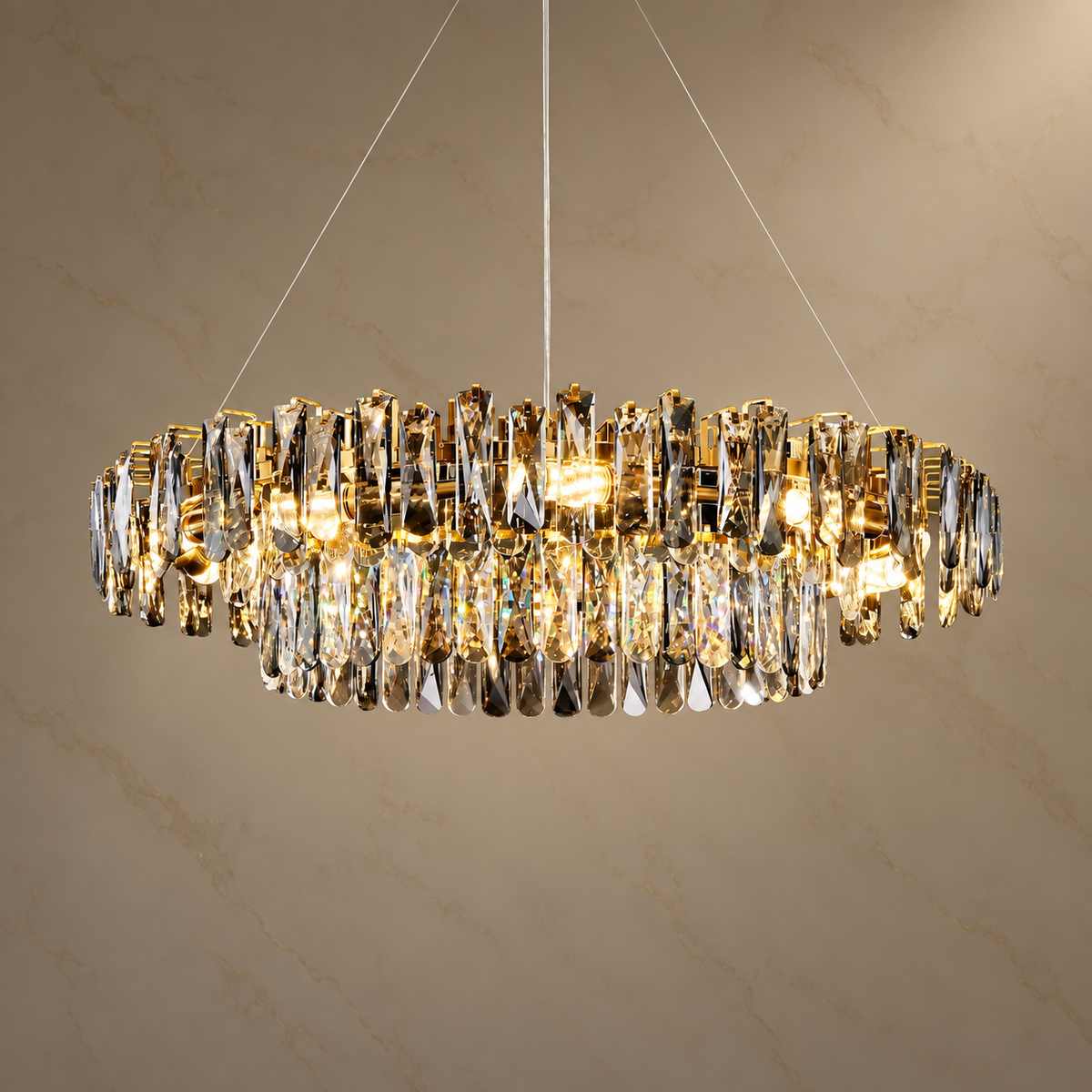 Lioren Gold Crystal Ring Chandelier with lights on
