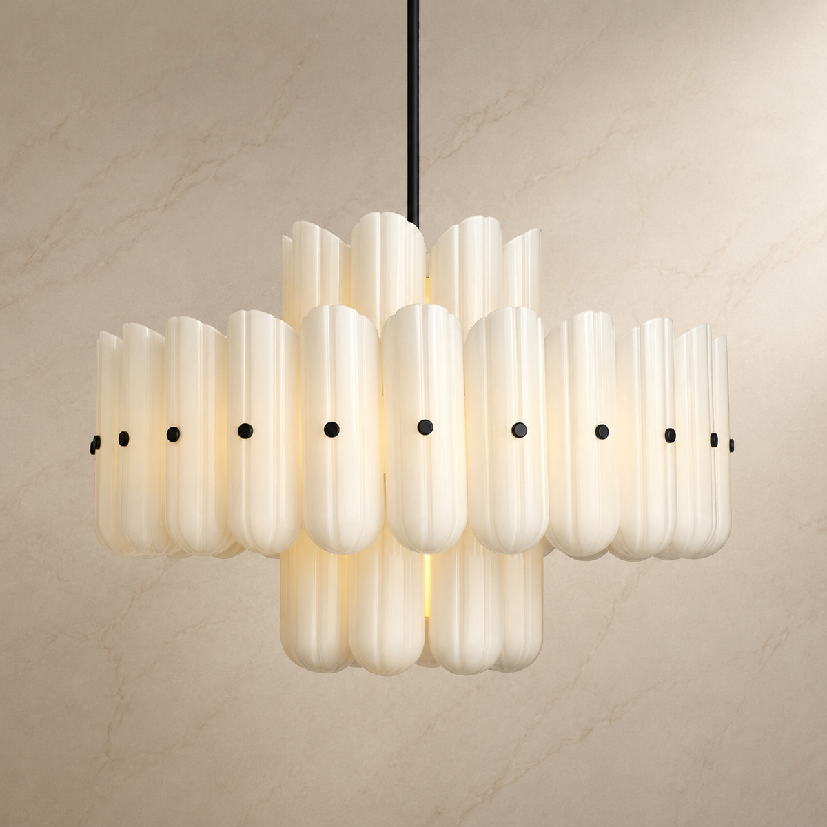 Lorna Opal Glass Double Tier Chandelier in black, light on