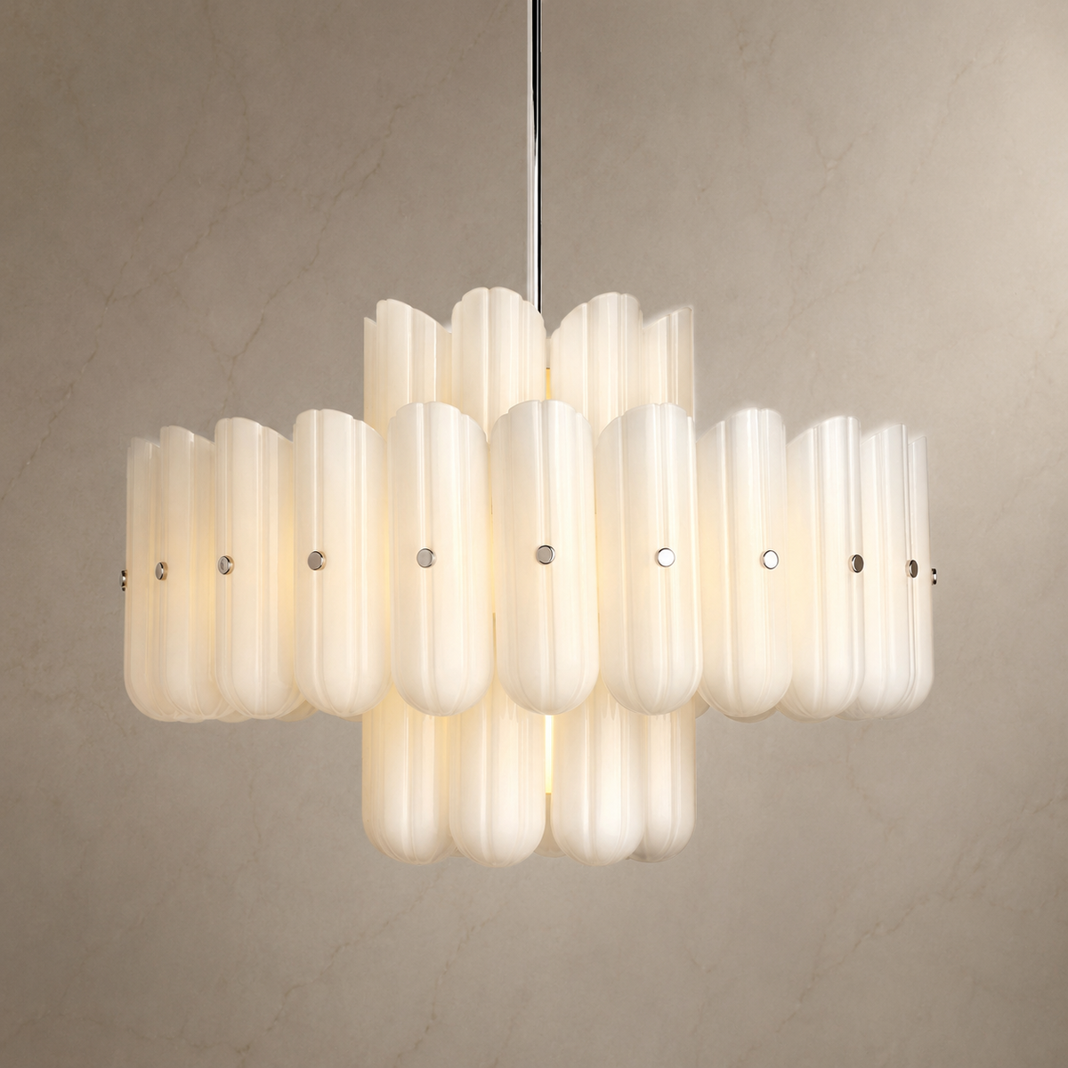 Lorna Opal Glass Double Tier Chandelier in chrome, light on