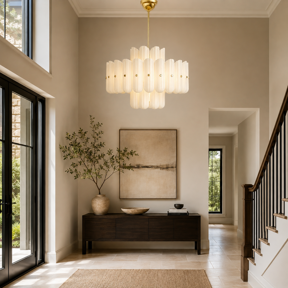 Lorna Opal Glass Double Tier Chandelier in a foyer