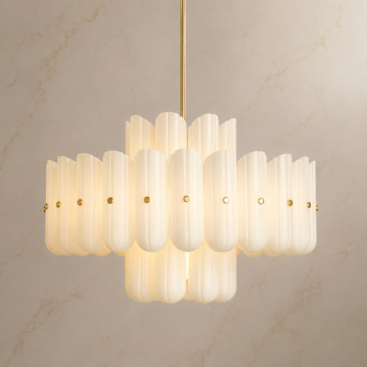 Lorna Opal Glass Double Tier Chandelier in gold, light on