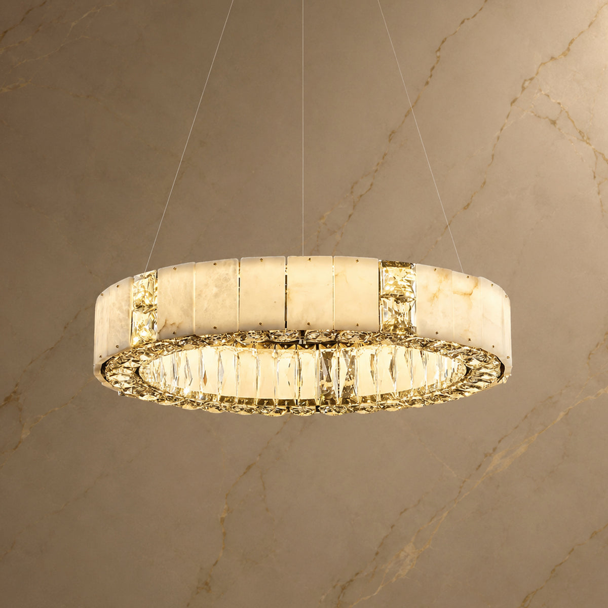 Lumaire Alabaster Ring Chandelier with lights on