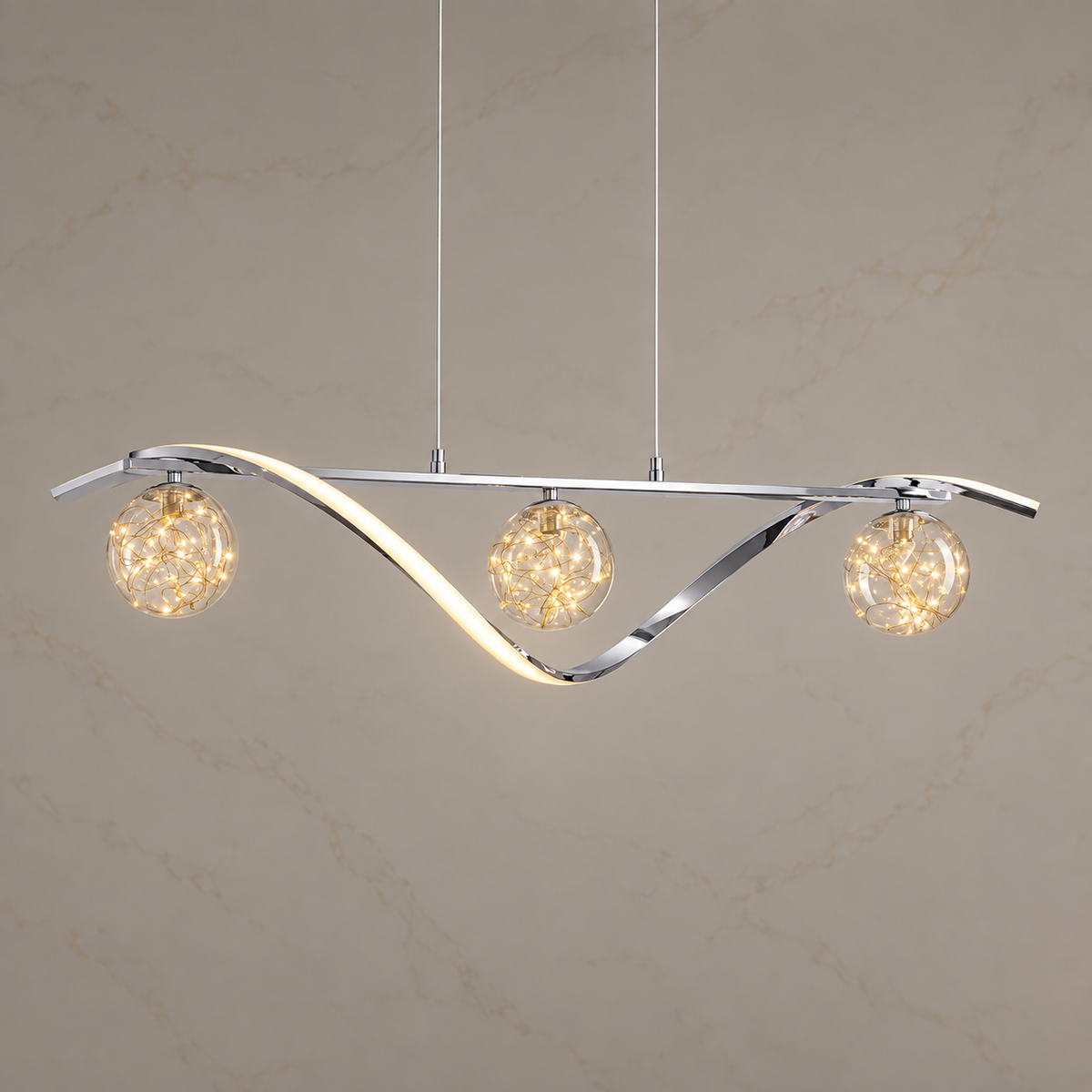 Lumenna Glass Globe Linear Pendant Light with lights on