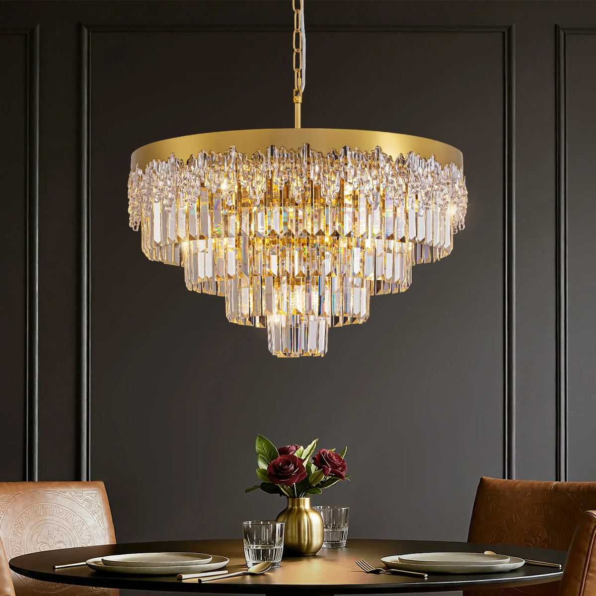 Lumina Gold Crystal Tiered Chandelier material and construction detail