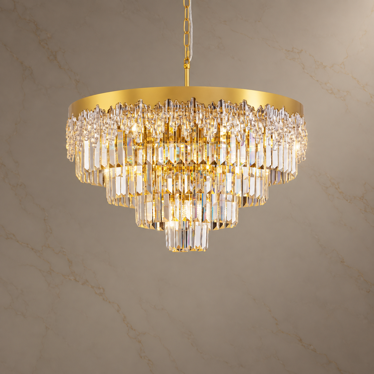 Lumina Gold Crystal Tiered Chandelier with lights on