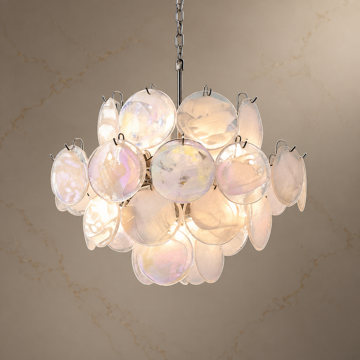 Luna White Acrylic Petal Chandelier with lights on