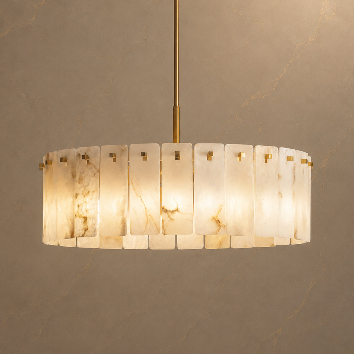Lunareth Alabaster Drum Chandelier with lights on