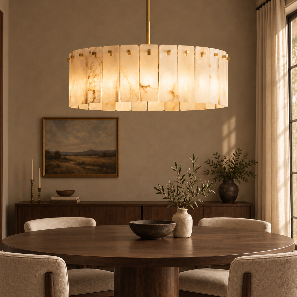 Lunareth gold alabaster drum chandelier glowing above a round walnut dining table in a warm, neutral dining room.