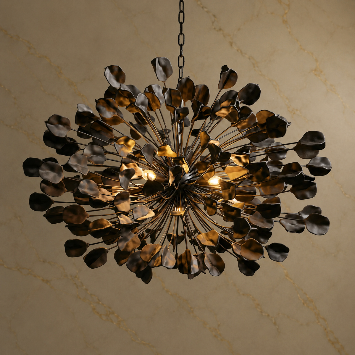 Lunaria Ceramic Leaf Cluster Chandelier in black, light on