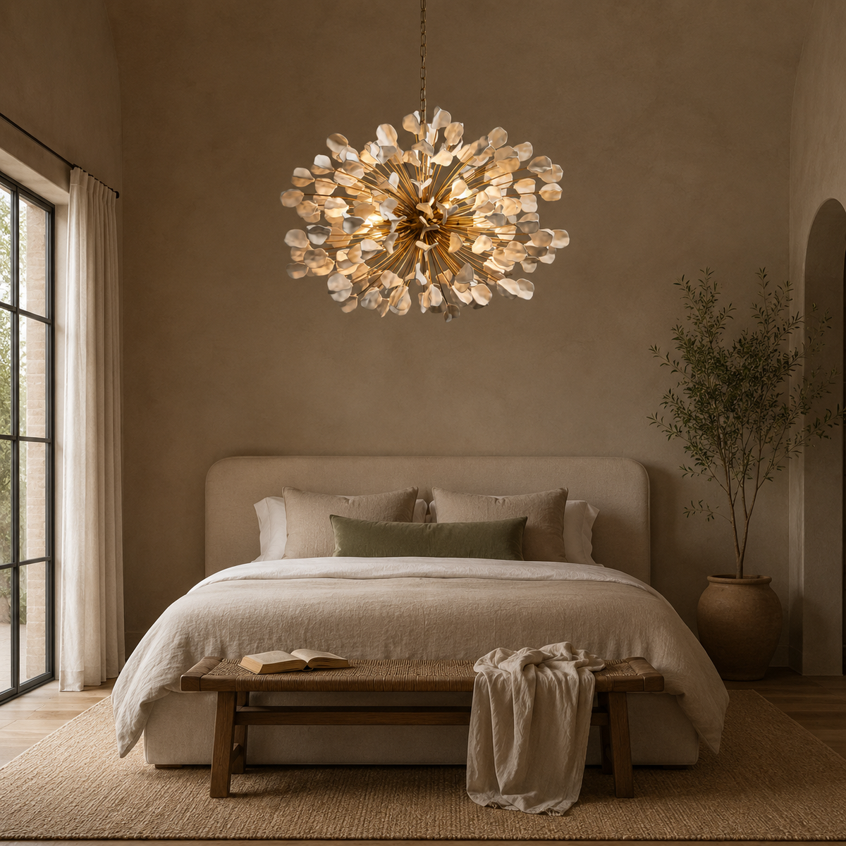 Lunaria Ceramic Leaf Cluster Chandelier in white in a bedroom