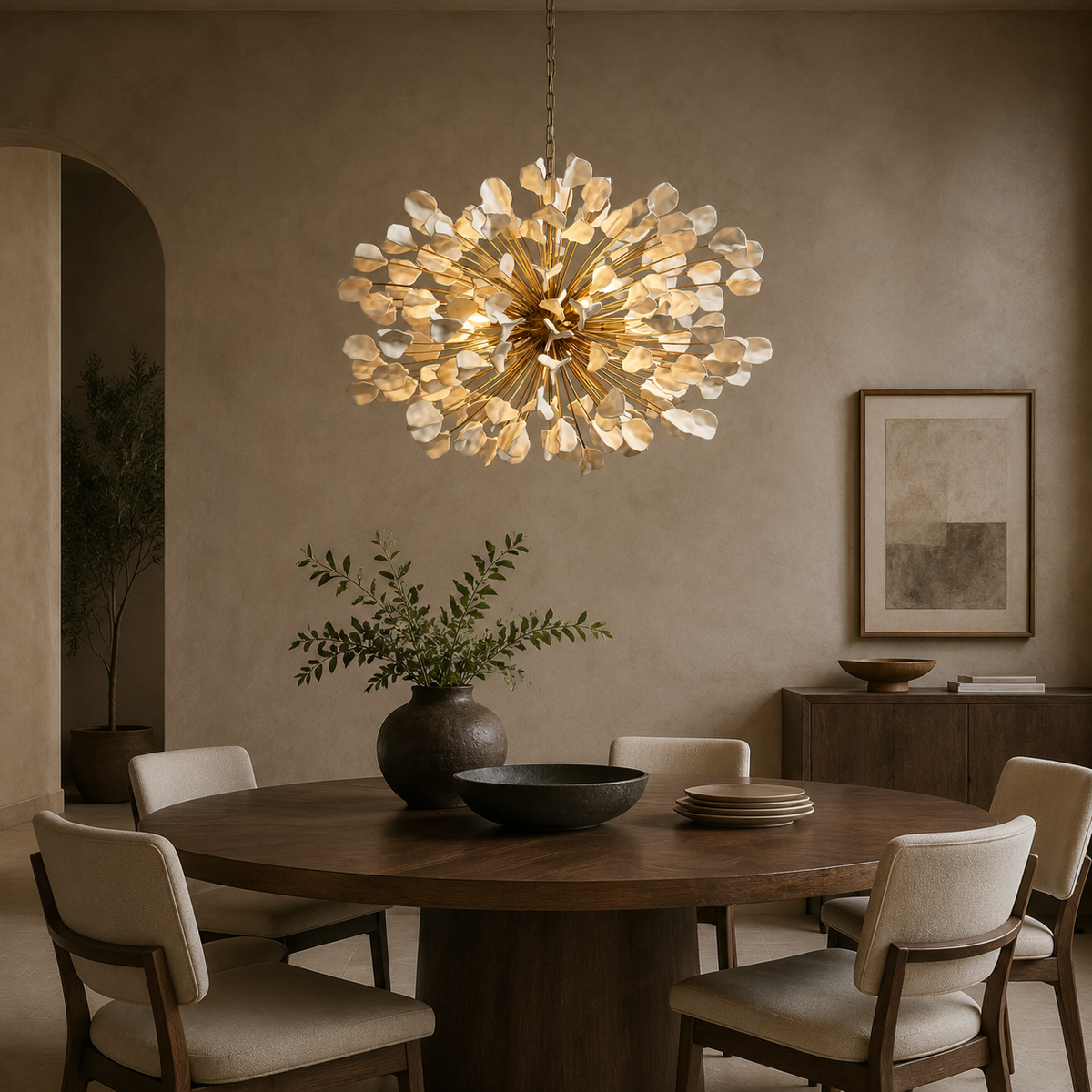 Lunaria Ceramic Leaf Cluster Chandelier in white in a dining room