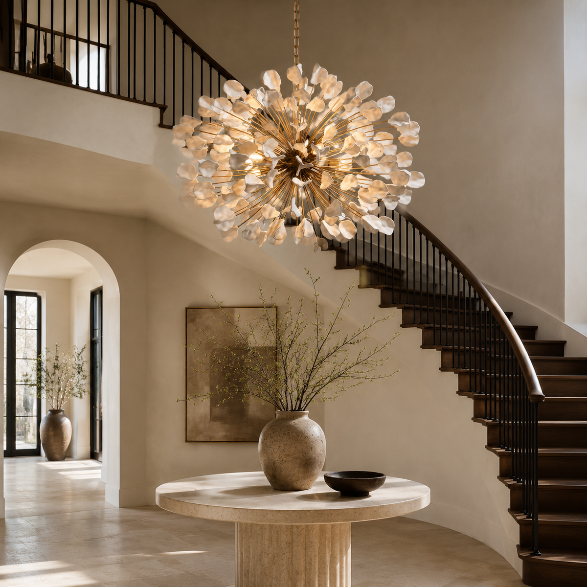 Lunaria Ceramic Leaf Cluster Chandelier in white in a foyer