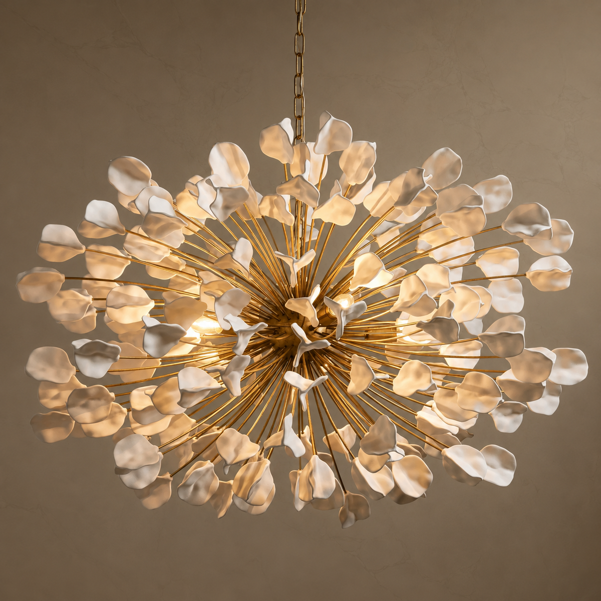 Lunaria Ceramic Leaf Cluster Chandelier in white, light on
