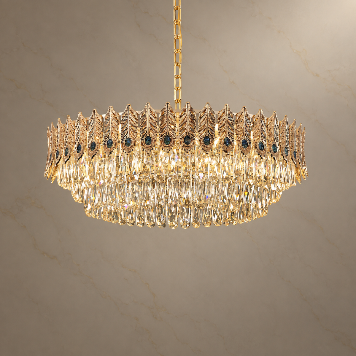 Lunavia Gold Crystal Leaf Ring Chandelier with lights on