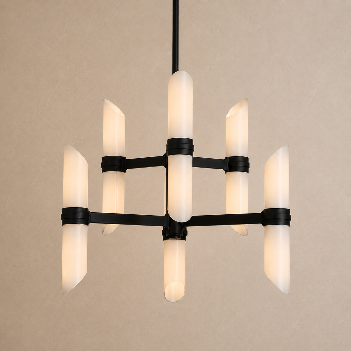 Lundquist Opal Glass Double Tier Chandelier in black, light on