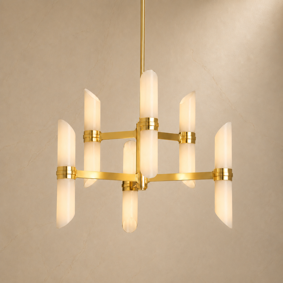 Lundquist Opal Glass Double Tier Chandelier in gold, light on