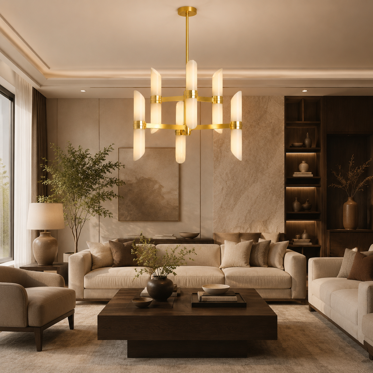 Lundquist Opal Glass Double Tier Chandelier in a living room