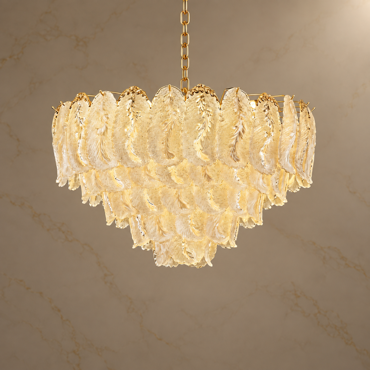 Lunévia Gold Feather Glass Tiered Chandelier illuminated