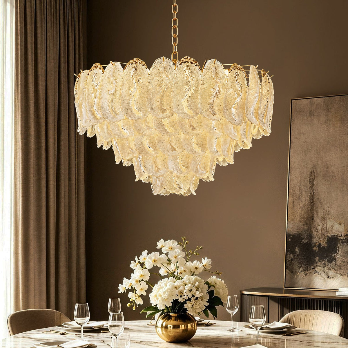 Lunévia Gold Feather Glass Tiered Chandelier material and finish detail