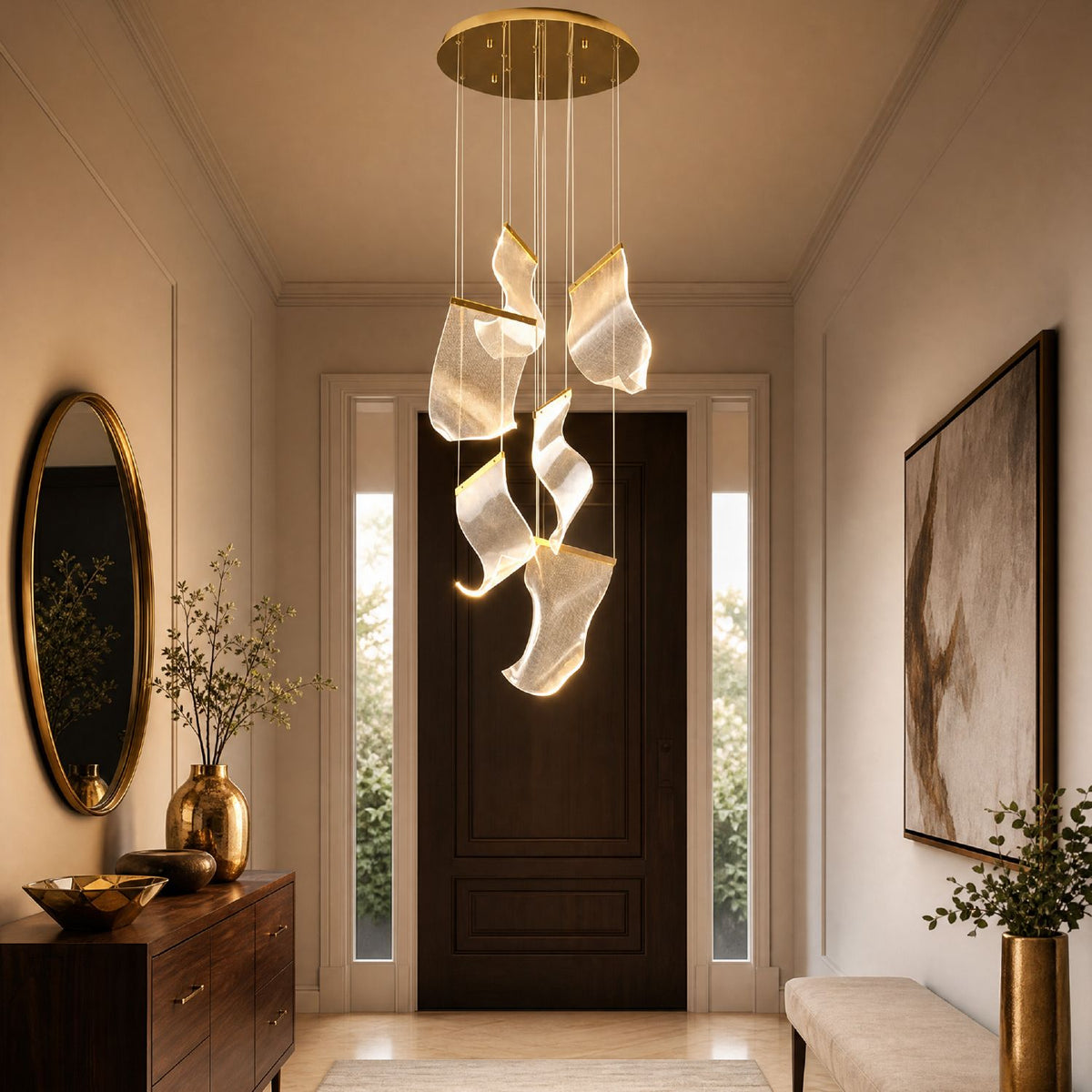 Lyra Ripple Glass Sheet Chandelier in a foyer