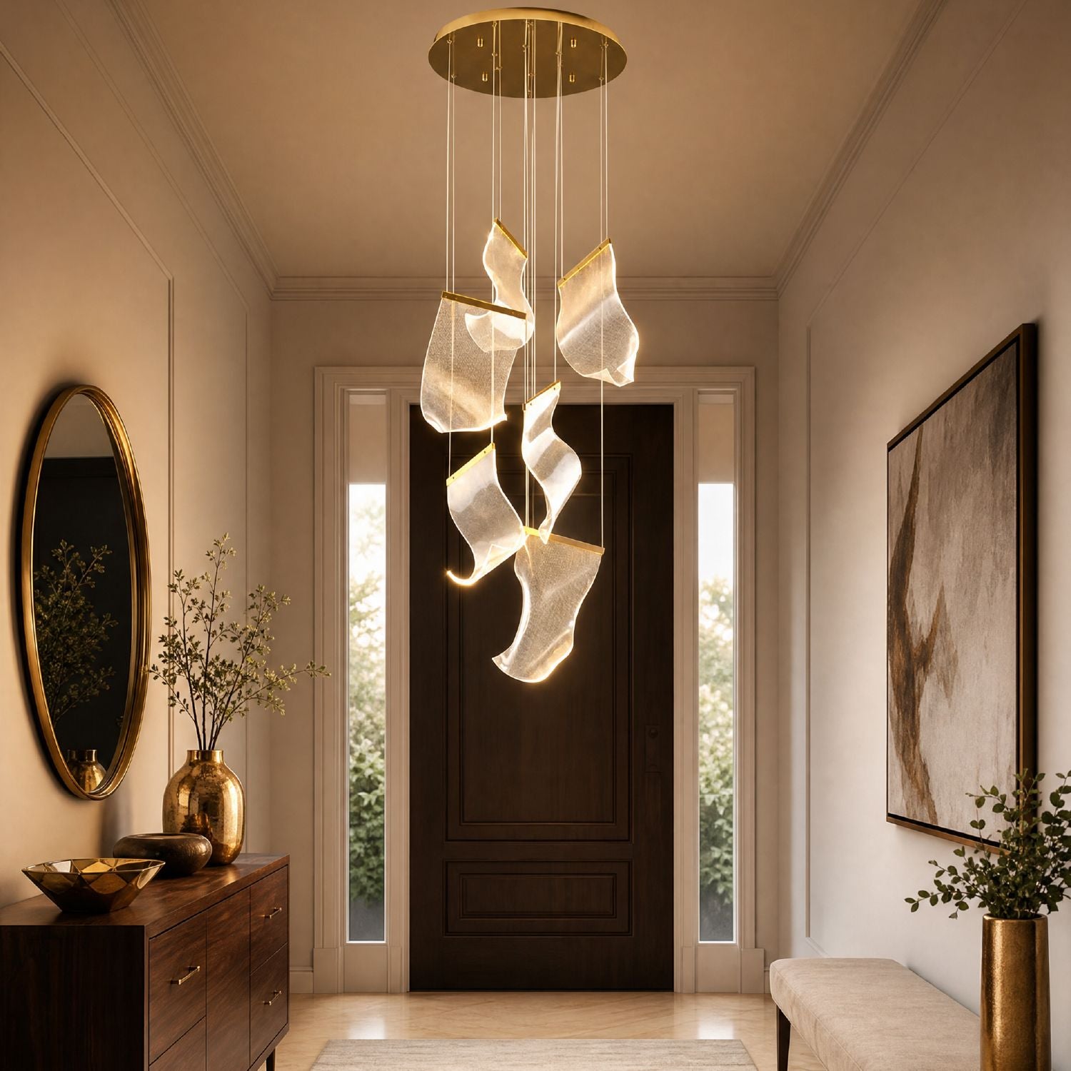 Lyra Ripple Glass Cascading Sheet Chandelier in an elegant entryway — placed above a dark wood console table with a vase of greenery, flanked by a large mirror and minimalist artwork | Carra Home