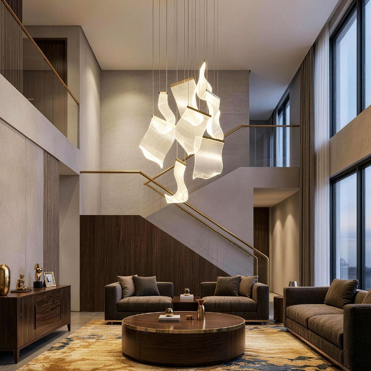 Lyra Ripple Glass Cascading Sheet Chandelier in a spacious two-story foyer — highlighting the dramatic scale and cascading design against neutral walls and natural light from large windows | Carra Home