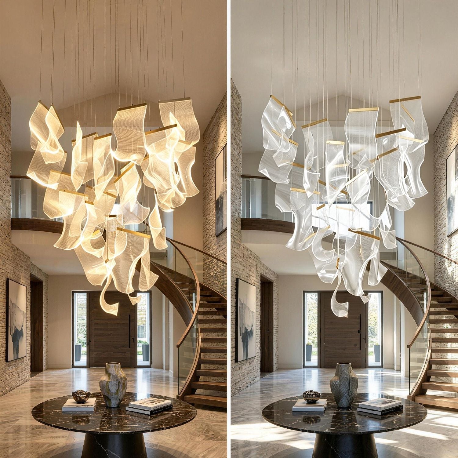 Lyra Ripple Glass Cascading Sheet Chandelier comparison — left side showing the fixture illuminated with a soft warm glow, right side showing the fixture turned off, highlighting the translucent texture of the glass sheets | Carra Home