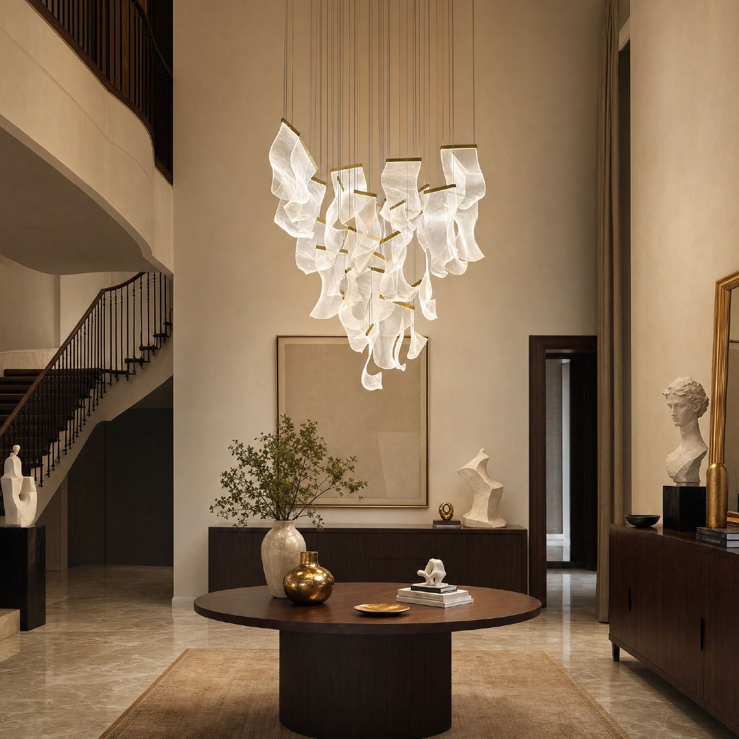 Lyra Ripple Glass Cascading Sheet Chandelier illuminating a cozy living room — positioned above a light-colored sofa with decorative pillows, a round coffee table, and a large abstract painting on the wall | Carra Home