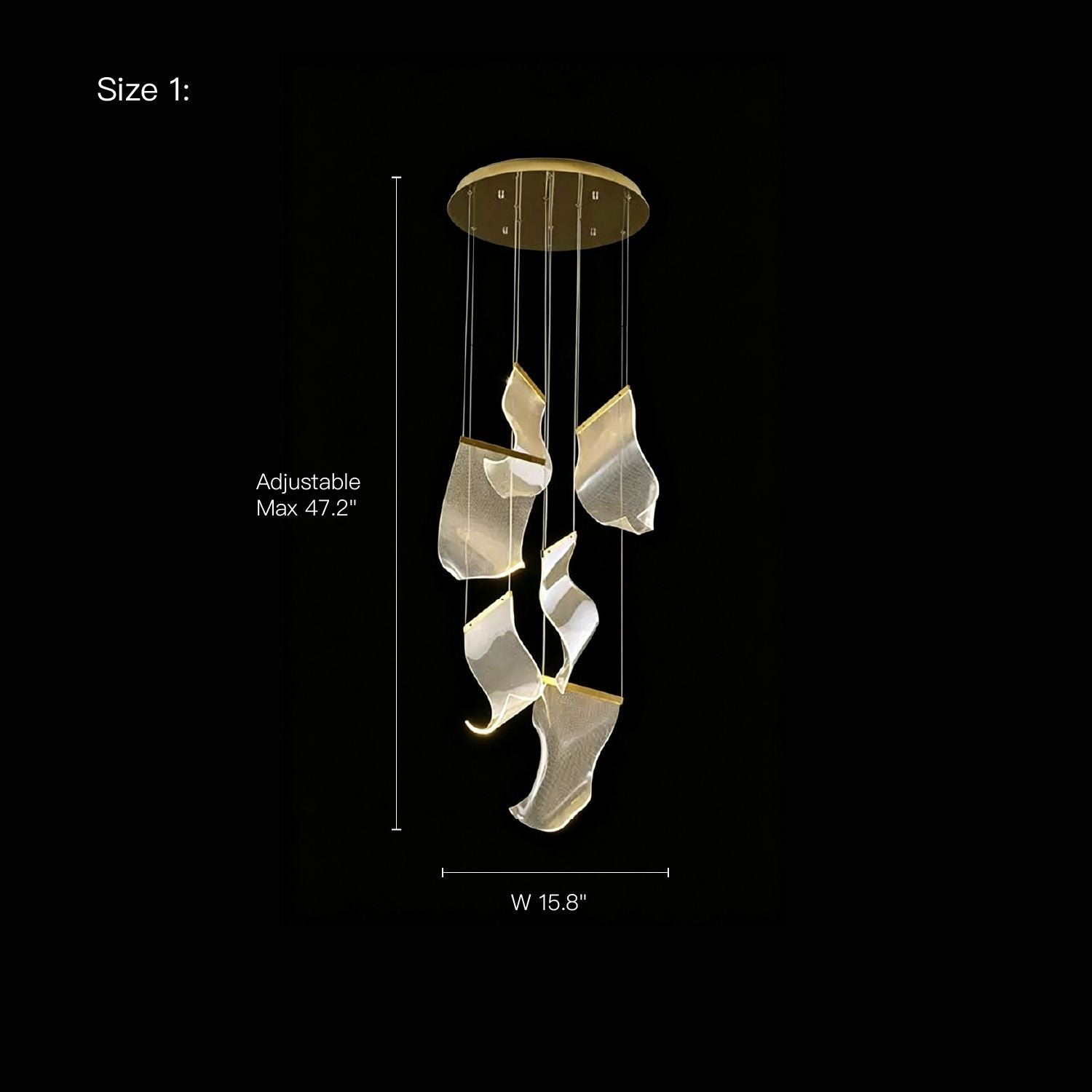 Lyra Ripple Glass Cascading Sheet Chandelier Size 1 technical drawing — dimensions: Width 15.8 inches, Adjustable Maximum Height 47.2 inches, displayed on black background with product silhouette | Carra Home