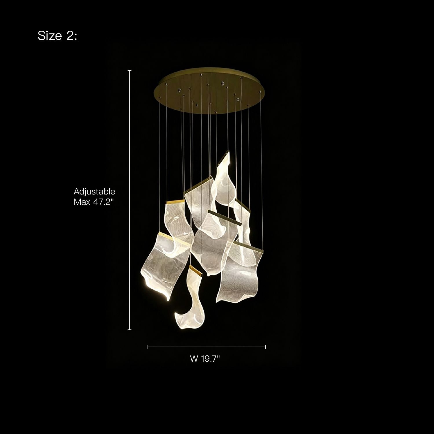 Lyra Ripple Glass Cascading Sheet Chandelier (Size 2) — 19.7" width, 47.2" max adjustable height, gold frame, cascading wavy glass sheets, ideal for modern living rooms/staircases | Carra Home