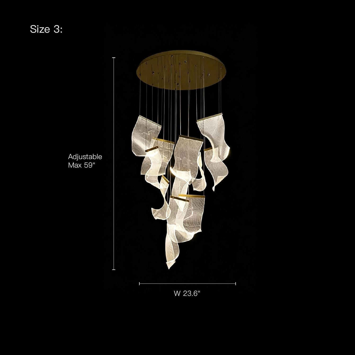 Lyra Ripple Glass Cascading Sheet Chandelier (Size 3) — 23.6" width, 59" max adjustable height, elegant wavy glass design, perfect for high-ceiling foyers/dining areas | Carra Home