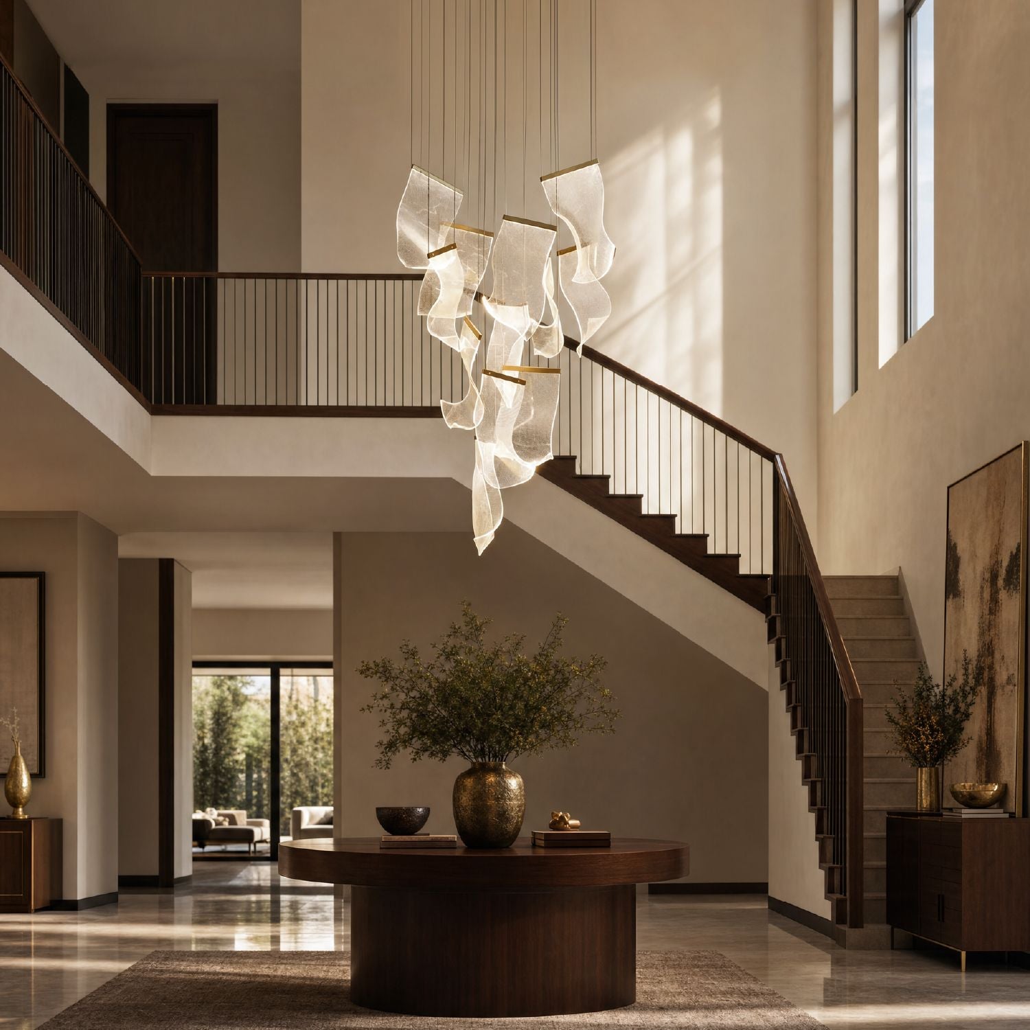 Lyra Ripple Glass Cascading Sheet Chandelier in a grand foyer — suspended from a high ceiling above a modern staircase with wooden steps and glass railings, casting a warm ambient glow | Carra Home