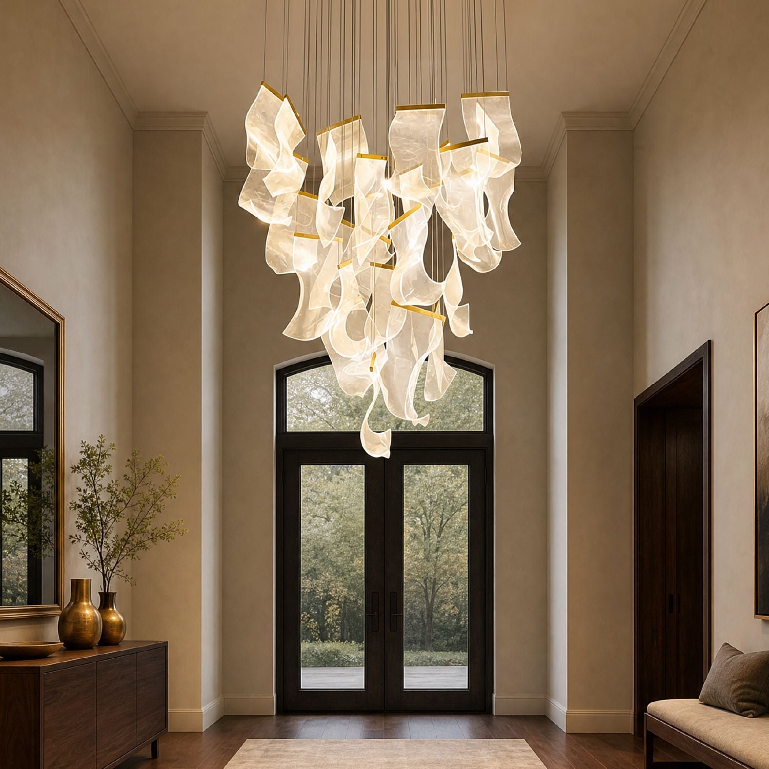 Lyra Ripple Glass Cascading Sheet Chandelier in a modern foyer — featuring multiple sheets of rippled glass hanging at different heights, creating a luxurious and contemporary statement piece | Carra Home