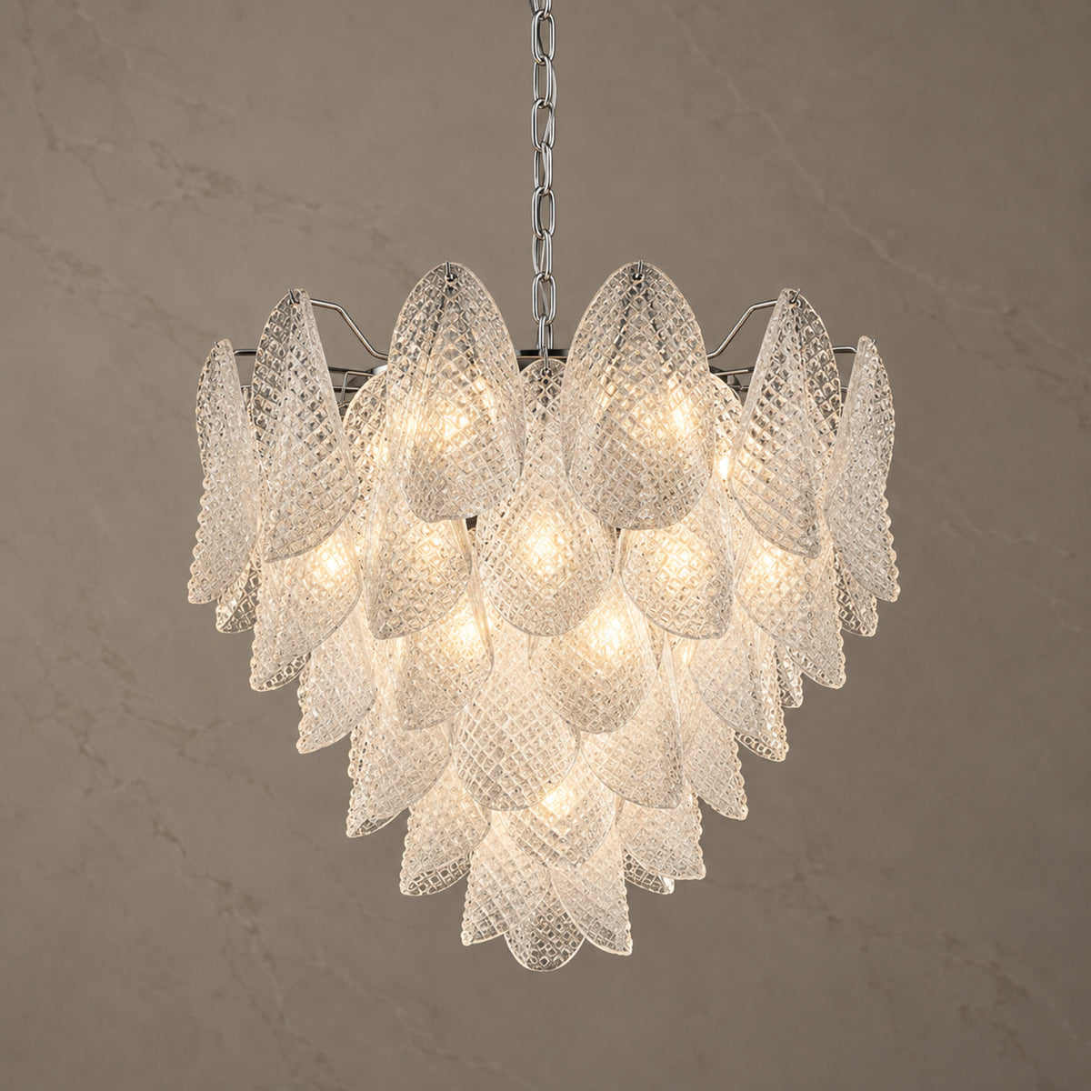 Magnolia clear textured glass petal chandelier illuminated with chrome finish | CARRA HOME