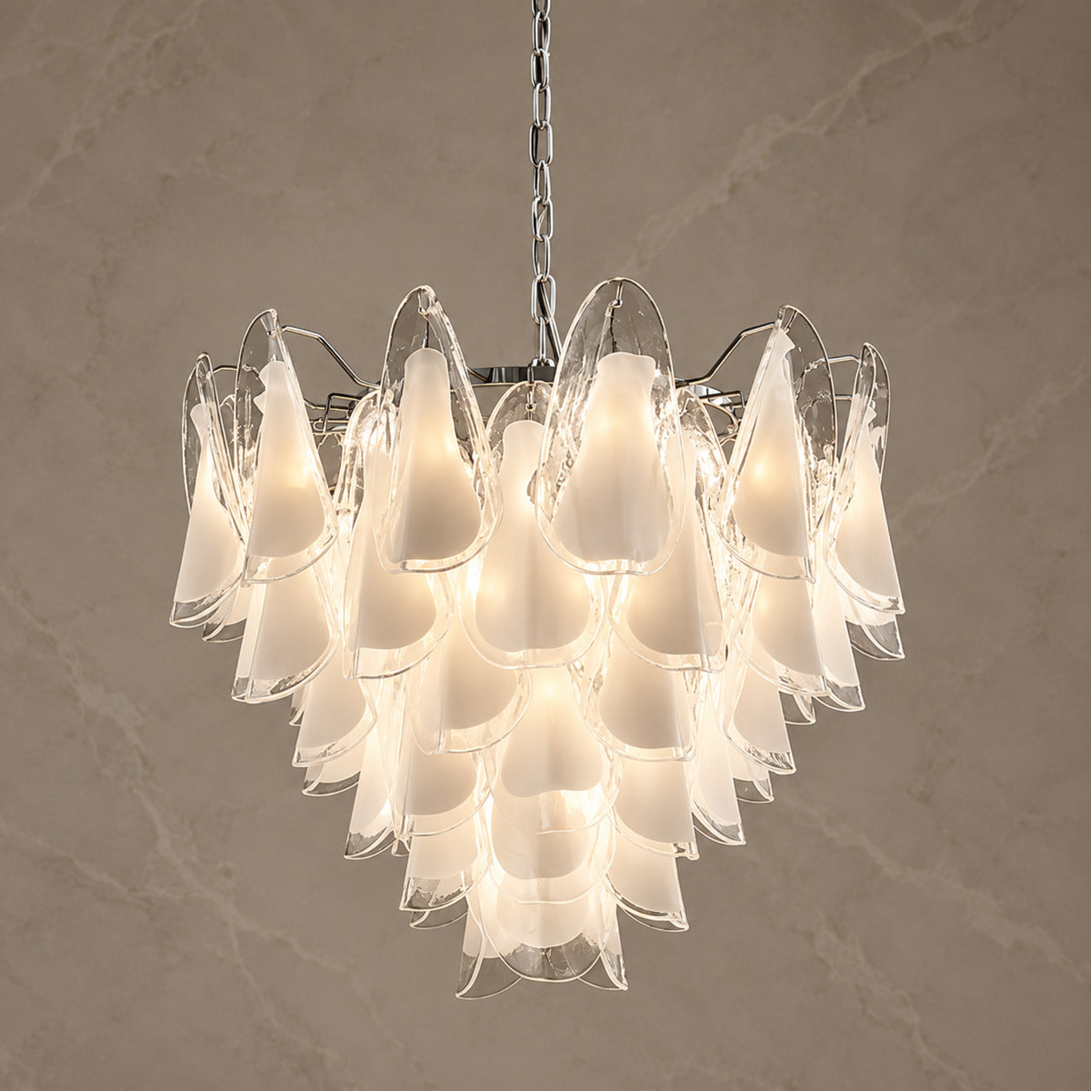 Magnolia frosted white glass petal chandelier illuminated with chrome finish | CARRA HOME