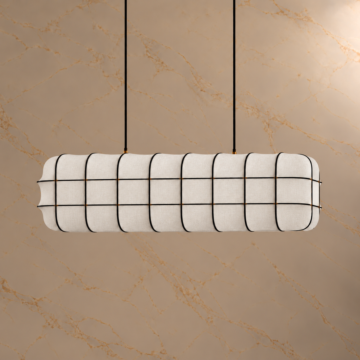 Marlowe white fabric lantern linear chandelier, 150 cm, light off | CARRA HOME