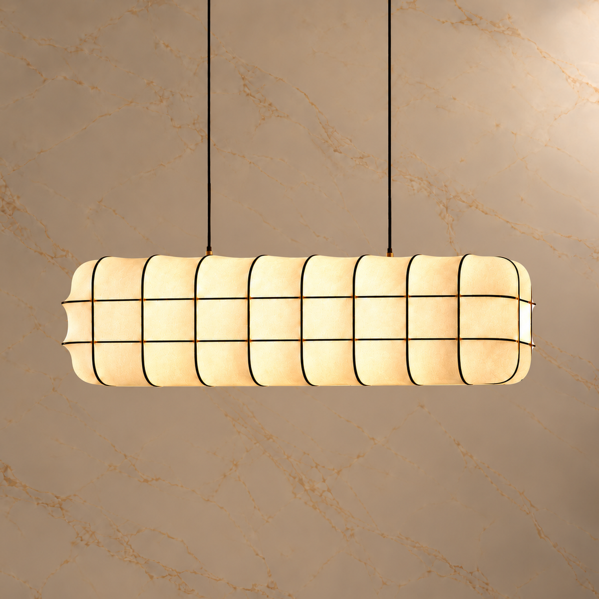 Marlowe white fabric lantern linear chandelier, 150 cm, light on | CARRA HOME