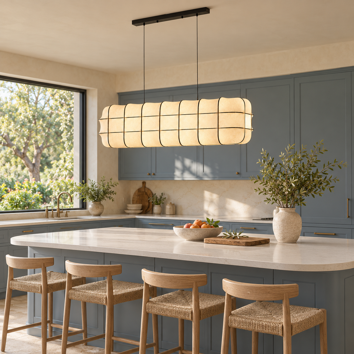 Marlowe fabric lantern chandelier above a blue kitchen island | CARRA HOME